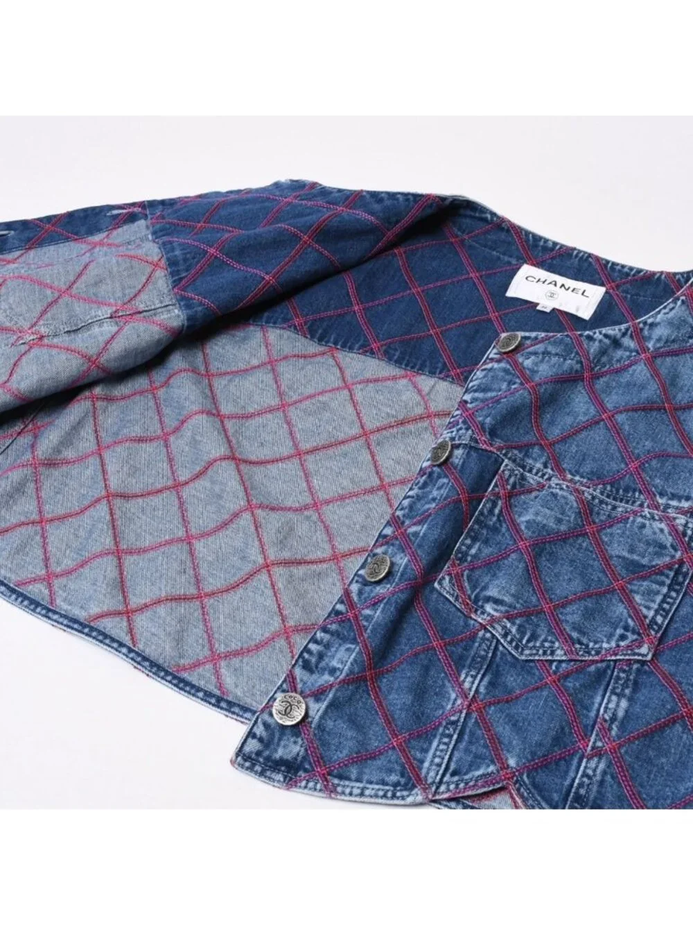Chanel Collarless Denim Jacket CC Logo Stitch Blue